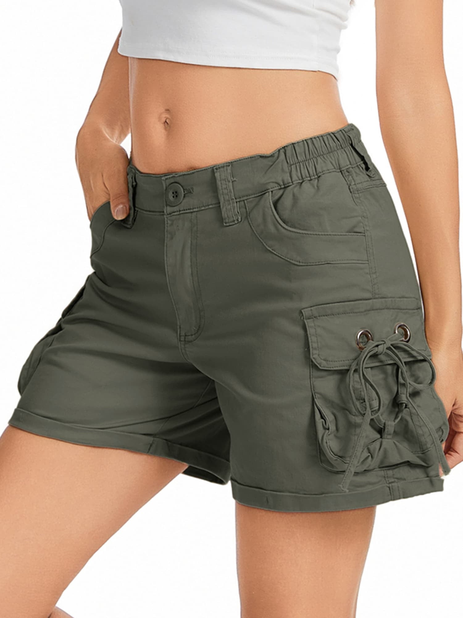 liyiyiyia Bermuda Shorts for Women Elastic Waist Camo Shorts for Summer Casual Cargo Shorts with 5 Pockets